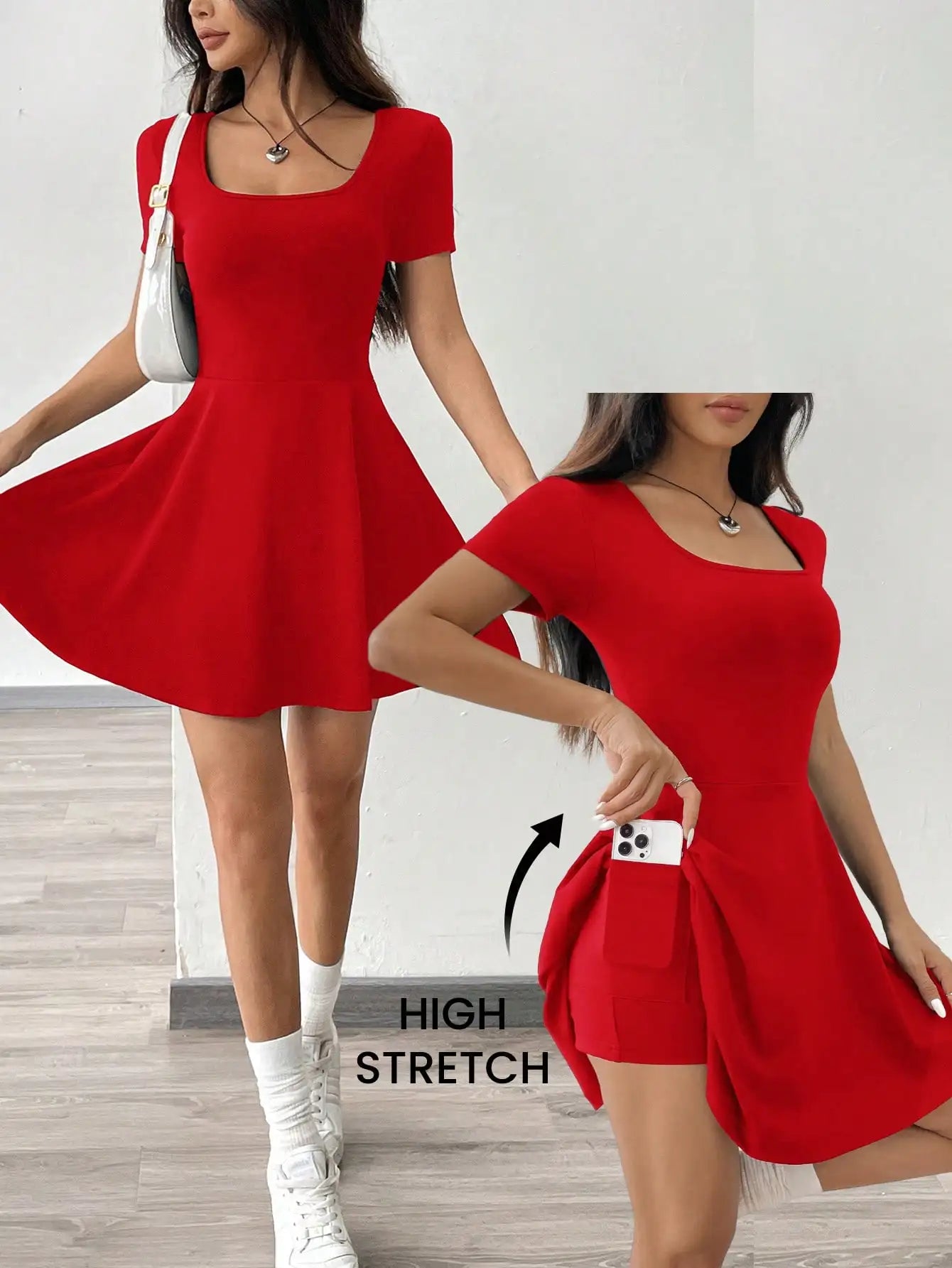 Square Neck Short Sleeve A-Line Mini Dress with Flared Skater Silhouette