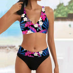 Floral V-Neck Two-Piece Bikini Set with High-Impact Botanical Print, Shaped Top and Coordinated Swim Bottom