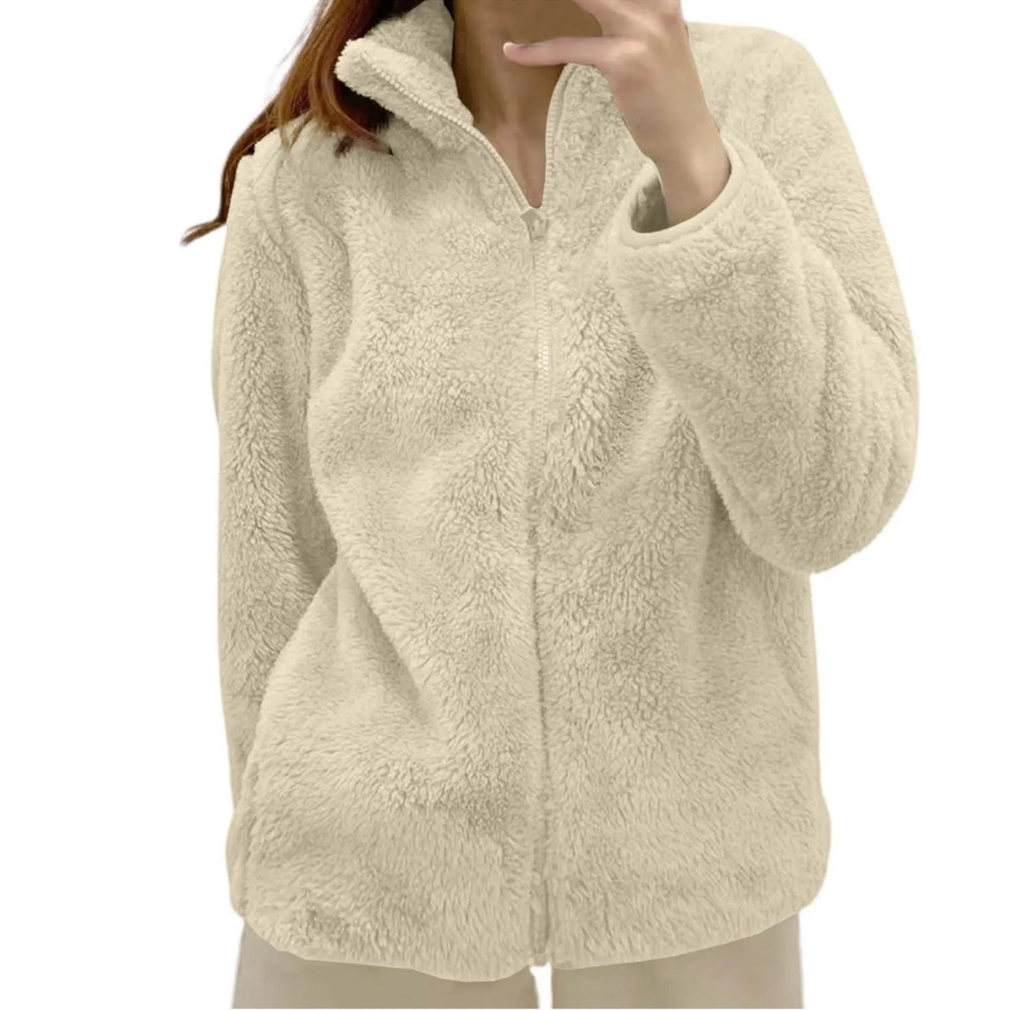 Women's Plush Polar Fleece Zip Jacket with Relaxed Everyday Streetwear Layering Fit