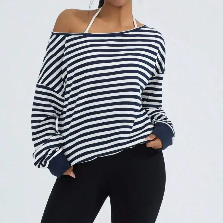 Off-Shoulder Relaxed Fit Knit Pullover Sweater with Long Sleeves and Side Pocket