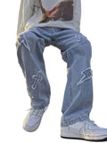 Men's Straight Leg Denim Jeans with Decorative Embroidery Distressed Detail Casual Streetwear Style