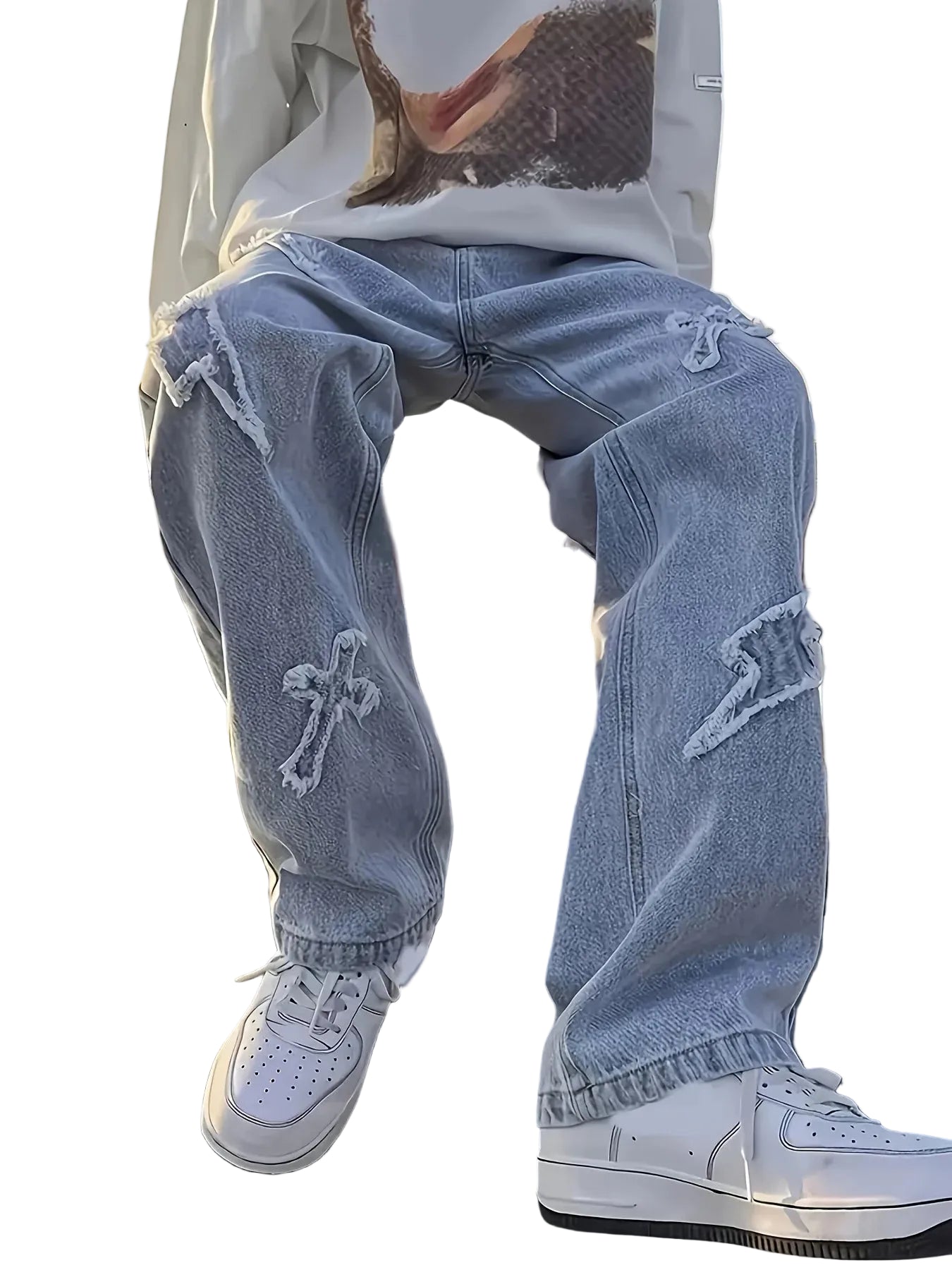 Men's Straight Leg Denim Jeans with Decorative Embroidery Distressed Detail Casual Streetwear Style
