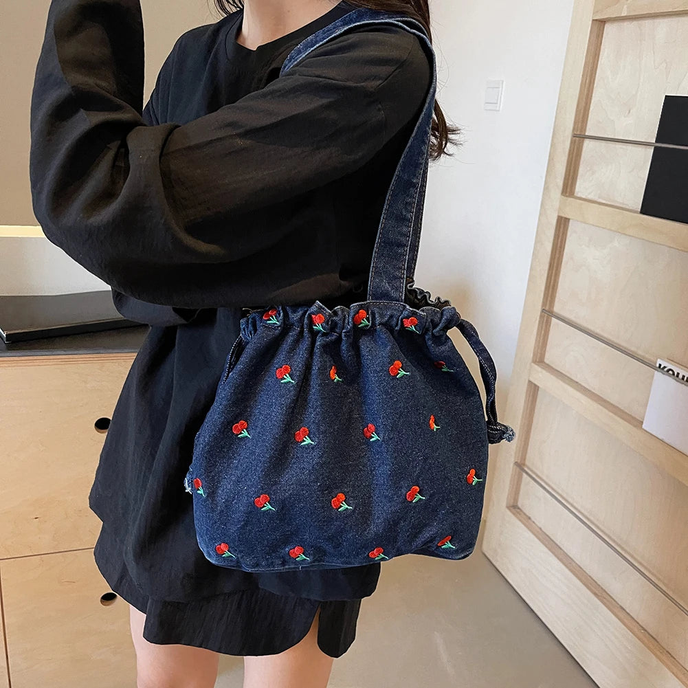Denim Drawstring Hobo Tote Bag with Embroidered Detail Everyday Carry Design