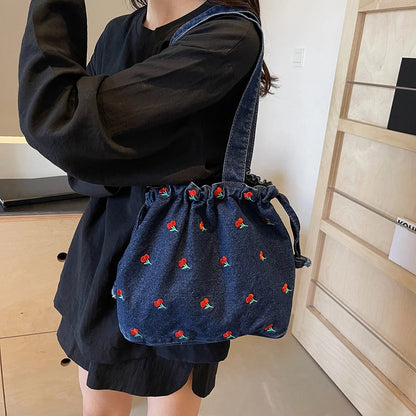 Denim Drawstring Hobo Tote Bag with Embroidered Detail Everyday Carry Design