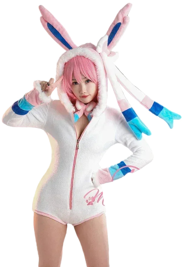 Women's Hooded Velvet Romper with Bunny Ear Hood, Front Zipper and Coordinated Accessories