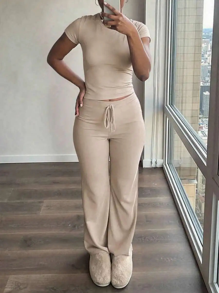 Women's Short Sleeve T-Shirt and Pants Co-Ord Set Relaxed Casual Outfit