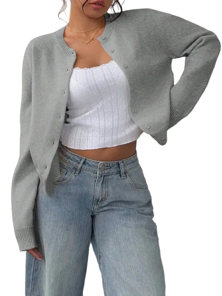 Women's Cropped Crew Neck Relaxed Fit Minimalist Knit Sweater