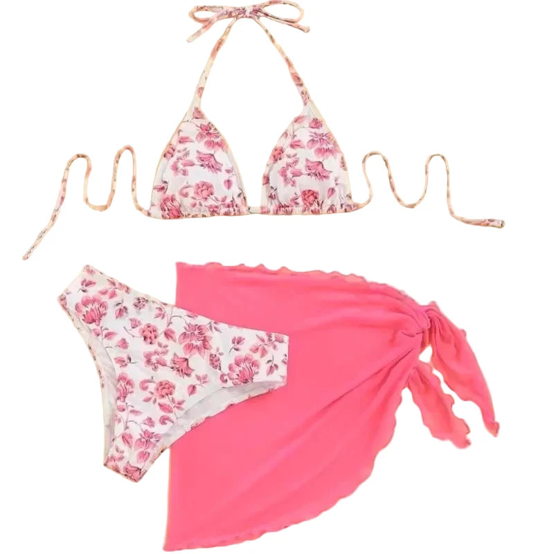 Three-Piece Pink Floral Triangle Bikini Set with Matching Sheer Sarong