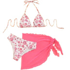 Three-Piece Pink Floral Triangle Bikini Set with Matching Sheer Sarong