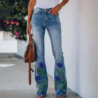 Low Rise Printed Flared Denim Pants with Stretch Fabric Retro Streetwear Wide Hem