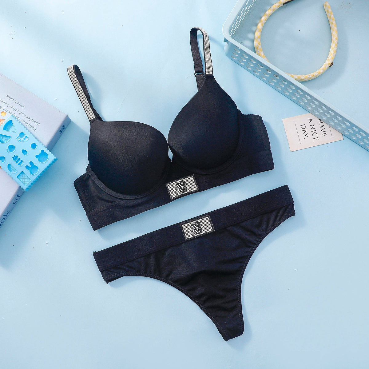Dynamic Patterned Demi Contour Bra and Panty Set with Metallic Accents