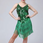 Dazzling White Sequin and Tassel Fringe Mini Dress with V-Neckline