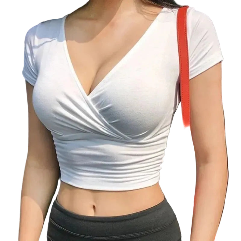 Women's Ruched Wrap V-Neck Crop T-Shirt for Minimalist Casual Streetwear Summer Everyday Style