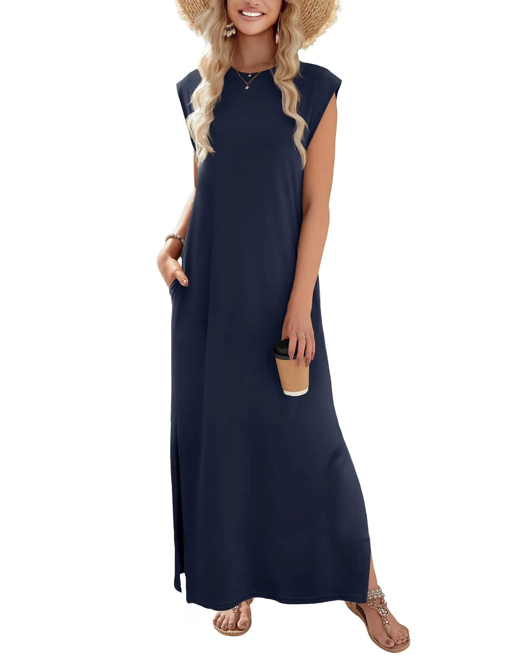Loose Fit Sleeveless Floral Maxi Dress with Pockets for Casual Styling