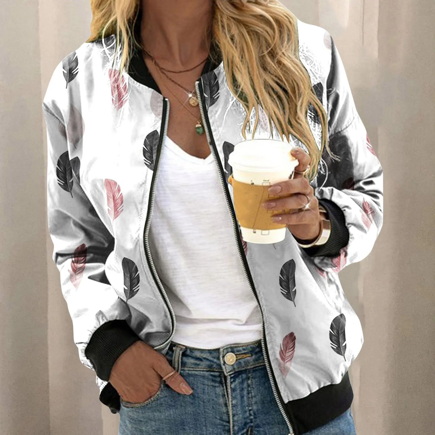 Women's Botanical Print Zip-Up Bomber Jacket with Contemporary Casual Streetwear Silhouette