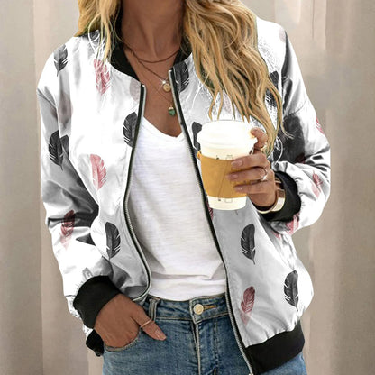 Women's Botanical Print Zip-Up Bomber Jacket with Contemporary Casual Streetwear Silhouette