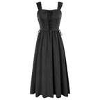 Rustic Lace-Up A-Line Dress with Wide Straps and Gathered Skirt