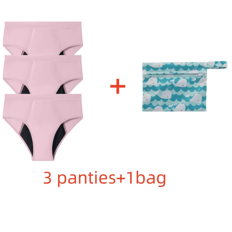 Five-Piece Solid Black Menstrual Brief Set with Two Printed Travel Bags