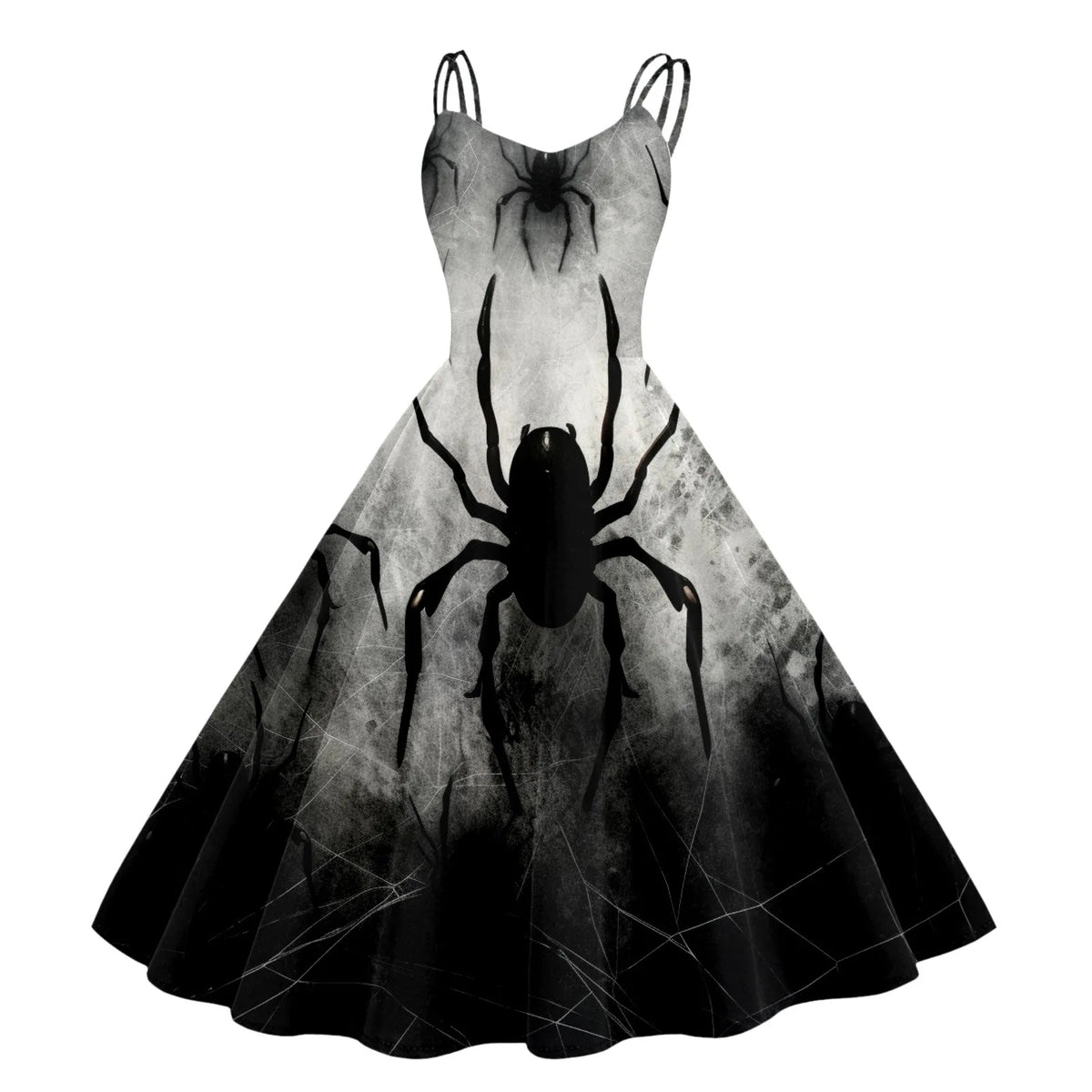 Halloween Graveyard Print Flared A-Line Dress with Double Spaghetti Straps