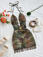 Tropical Print Halter Mini Dress with Tassel Detail Bohemian Vacation Style