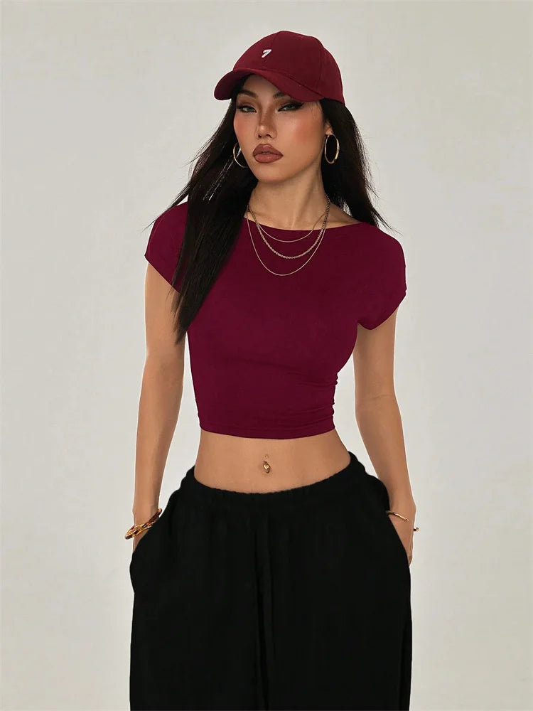 Women's Backless Short Sleeve Crop T-Shirt for Modern Minimalist Streetwear Summer Fashion Style