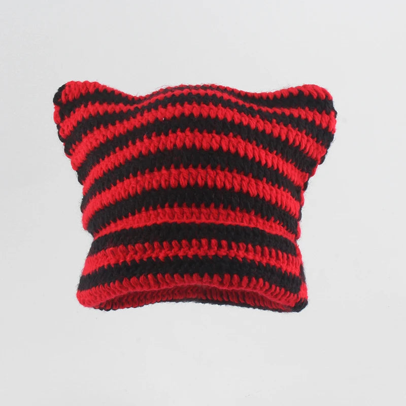 Striped Cat Ear Knit Beanie with Cotton Acrylic Blend for Playful Streetwear Fashion Style