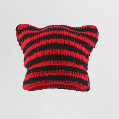 Striped Cat Ear Knit Beanie with Cotton Acrylic Blend for Playful Streetwear Fashion Style
