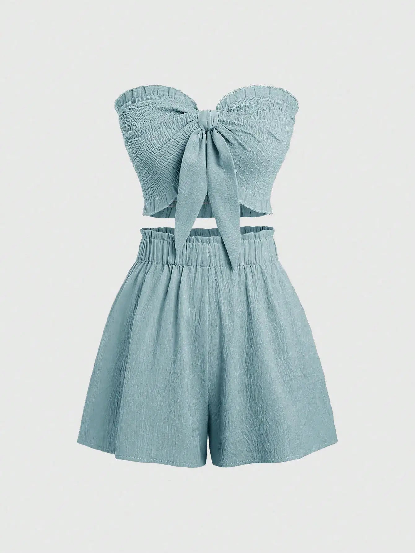 Front Knot Strapless Top and Shorts Summer Casual Co-Ord Set