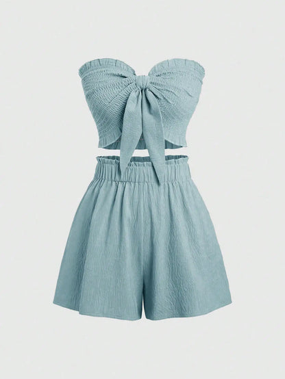 Front Knot Strapless Top and Shorts Summer Casual Co-Ord Set
