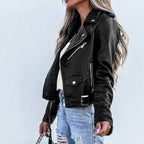 Women's Cropped Faux Leather Moto Jacket with Asymmetrical Zip Contemporary Streetwear Design