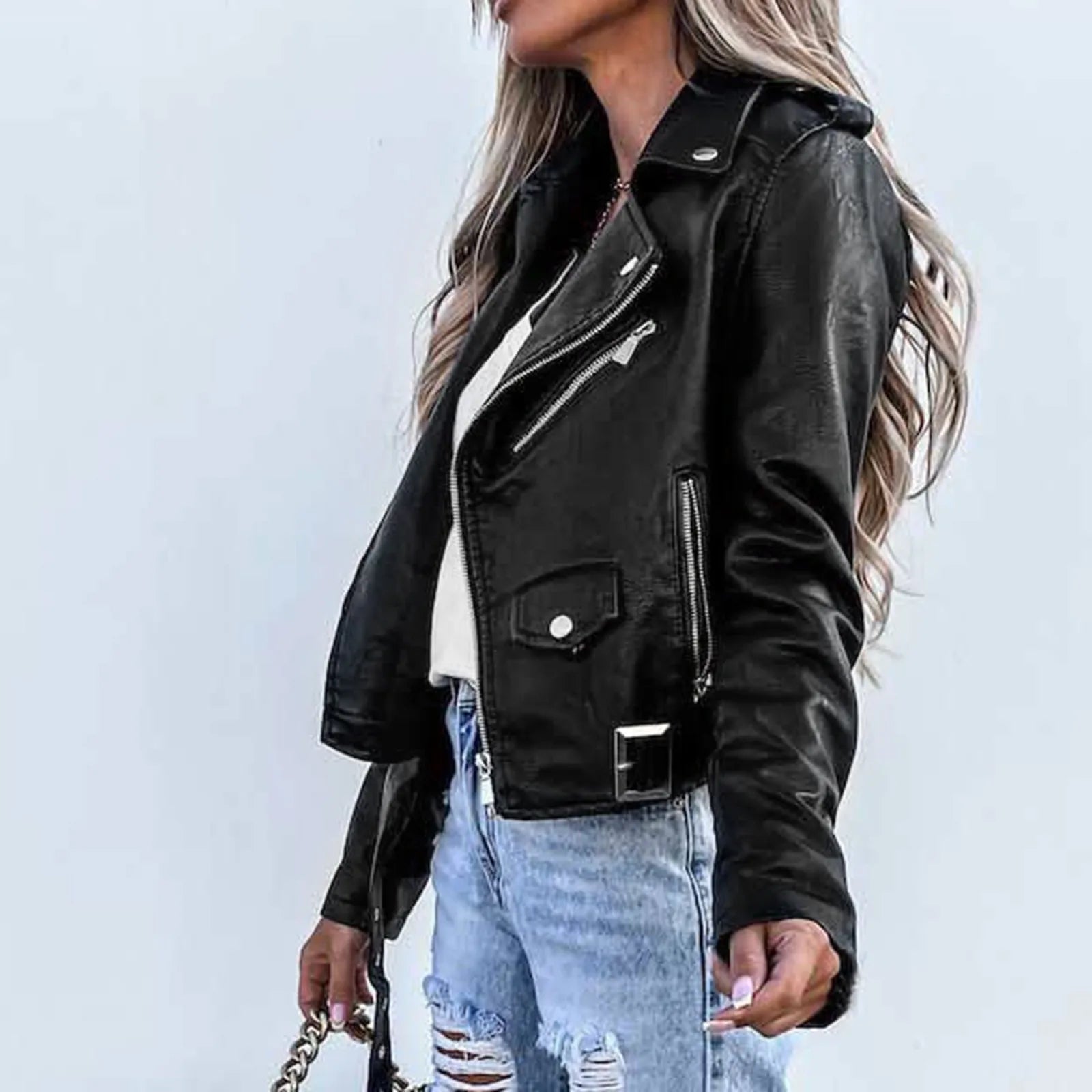Women's Cropped Faux Leather Moto Jacket with Asymmetrical Zip Contemporary Streetwear Design