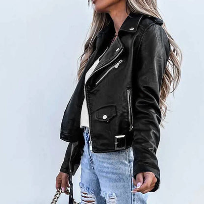 Women's Cropped Faux Leather Moto Jacket with Asymmetrical Zip Contemporary Streetwear Design