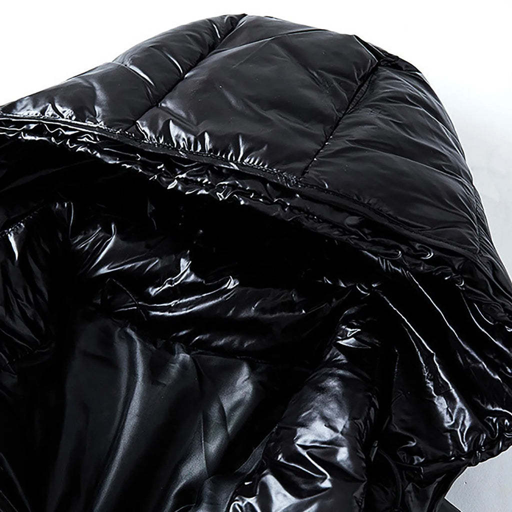 Men's Glossy Hooded Puffer Jacket with Oversized Quilted Design for Winter Streetwear Layering