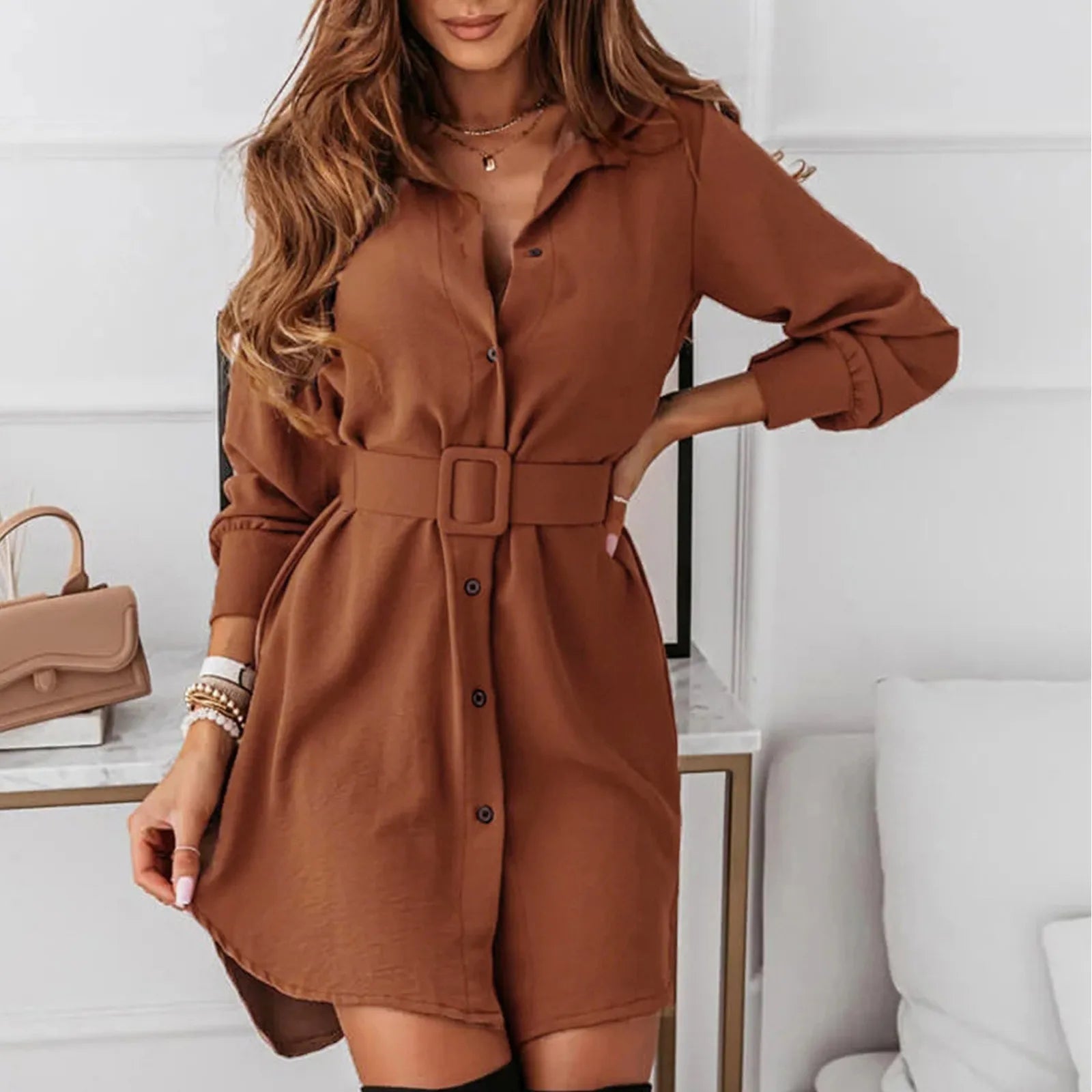 Long Sleeve Belted Shirt Mini Dress With Tailored Relaxed Fit Silhouette