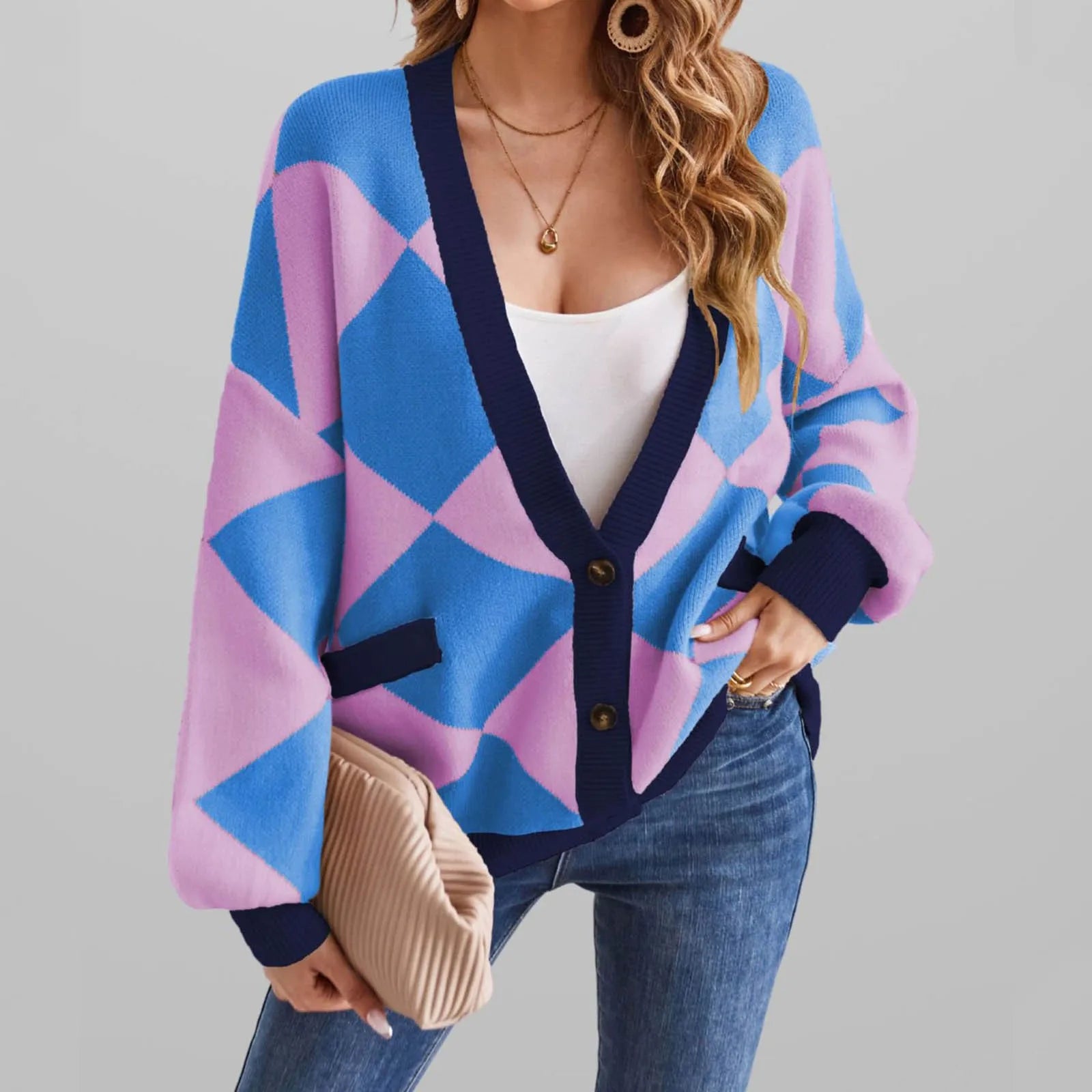 Women's Geometric Color Block Knit Cardigan with Oversized Button Front Design