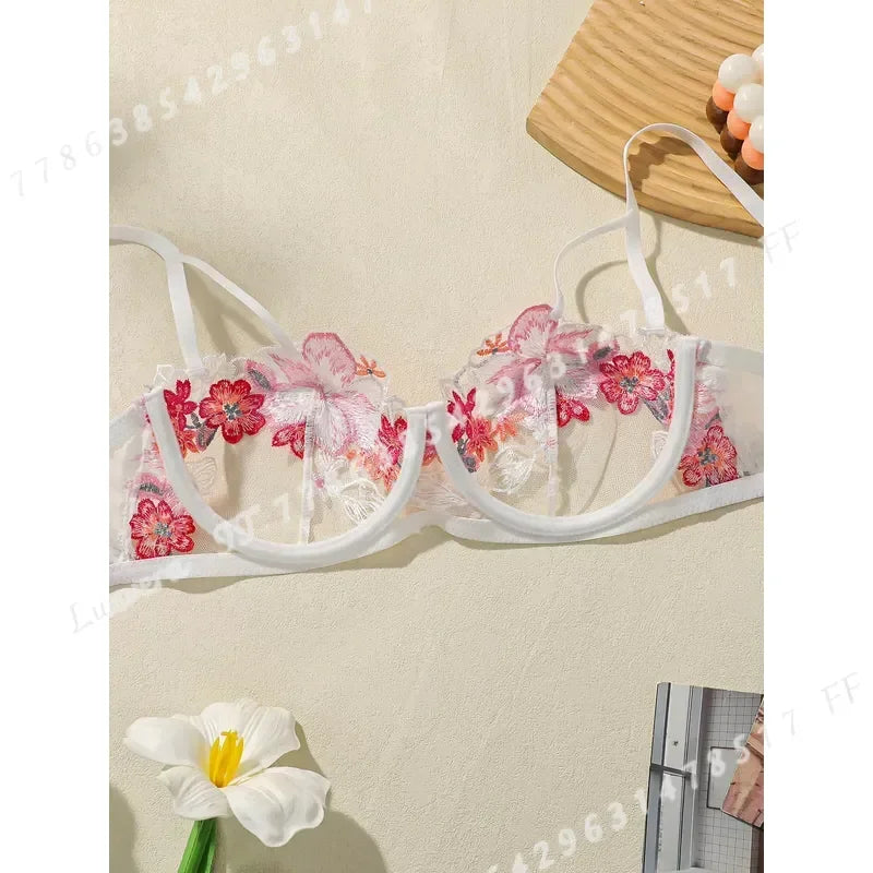 Vibrant Pink Floral Embroidered Sheer Mesh Underwire Bra and Thong Set