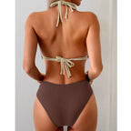Earthy Brown Color-Block Triangle Bikini with V-Shaped Waistline