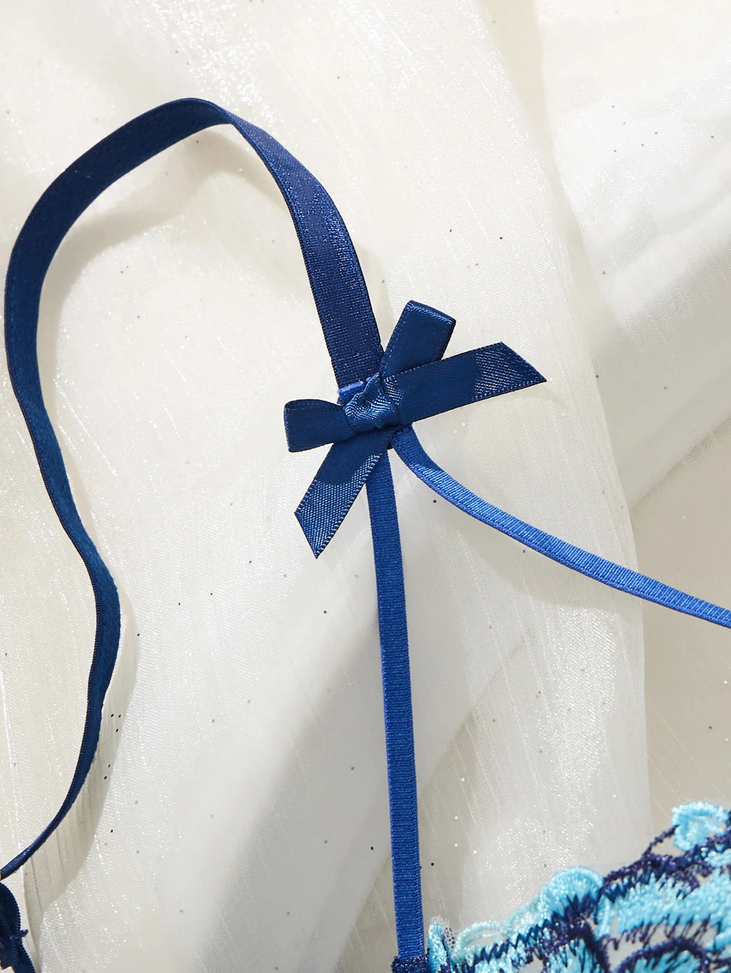 Sapphire Blue Embroidered Half-Cup Bra Set with Strappy Accents