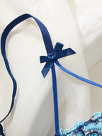 Sapphire Blue Embroidered Half-Cup Bra Set with Strappy Accents