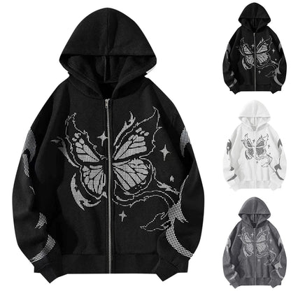 Oversized Butterfly Graphic Zip Hoodie with Contemporary Streetwear Style