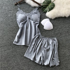 Elegant Navy Blue Satin-Finish Camisole and Shorts Set with Floral Lace Appliqué