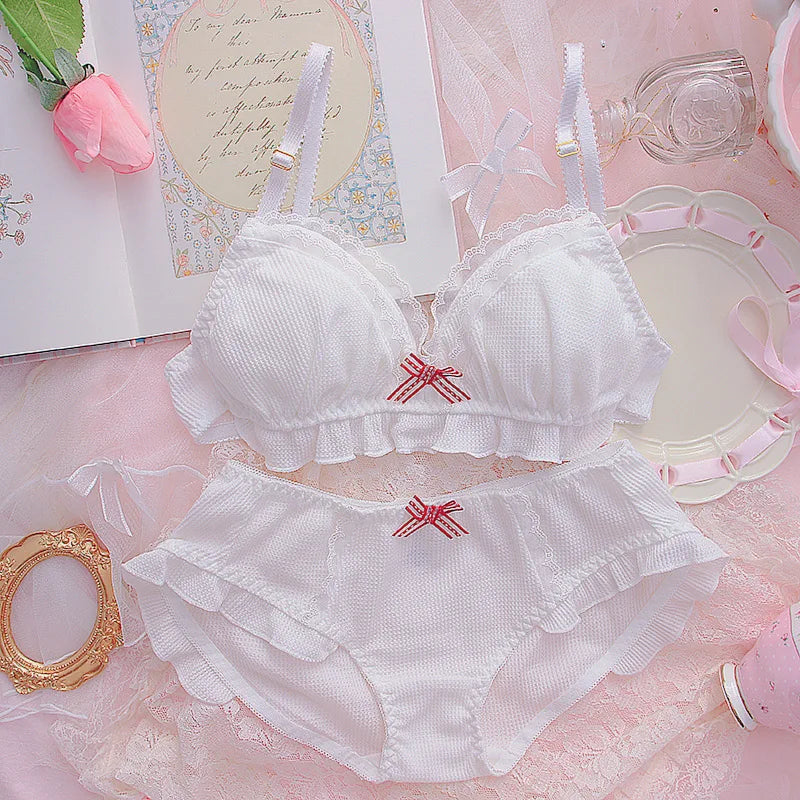 Sweet White Ruffled Cotton-Blend Bralette and Panty Set