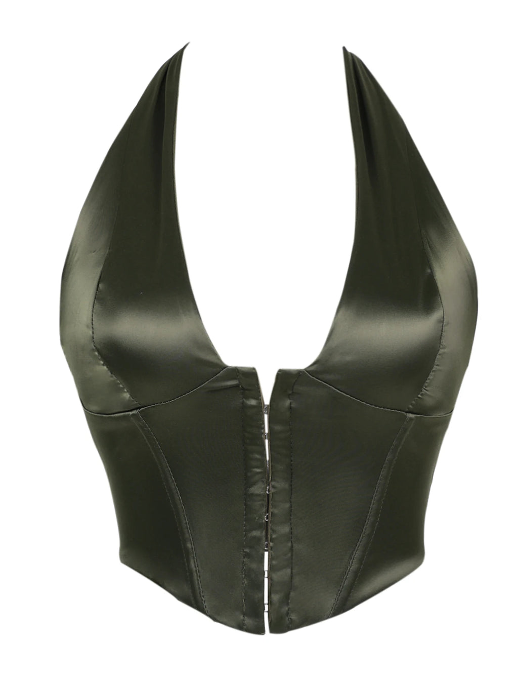 Sleek Black Satin Halter Bustier with Deep V-Neckline and Front Hook Closure