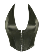 Sleek Black Satin Halter Bustier with Deep V-Neckline and Front Hook Closure