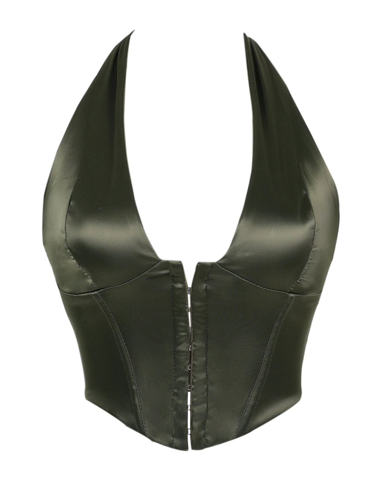 Sleek Black Satin Halter Bustier with Deep V-Neckline and Front Hook Closure