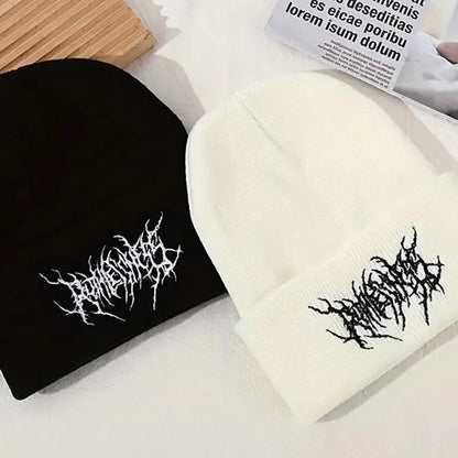 Gothic Inspired Embroidered Acrylic Knit Beanie for Contemporary Streetwear Winter Everyday Fashion Style