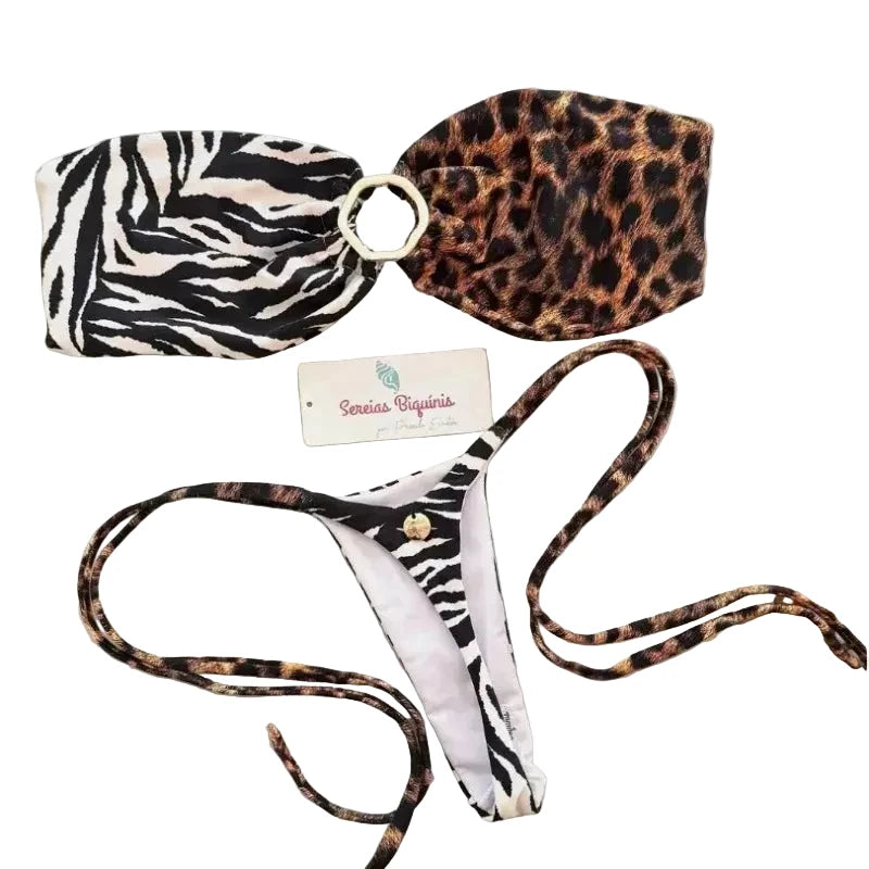 Fierce Mixed Animal Print Bandeau Bikini with Center O-Ring Hardware