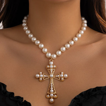 Layered Pearl Cross Necklace for Gothic Dark Feminine Y2K Fashion