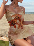 Floral Print Draped Camisole Mini Dress with Flowy A-Line Vacation Silhouette