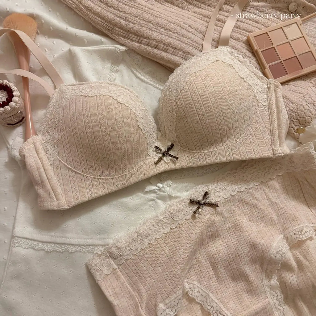 Soft Cream Dotted Floral Wire-Free Bralette and Panty Set with Delicate Lace Trim